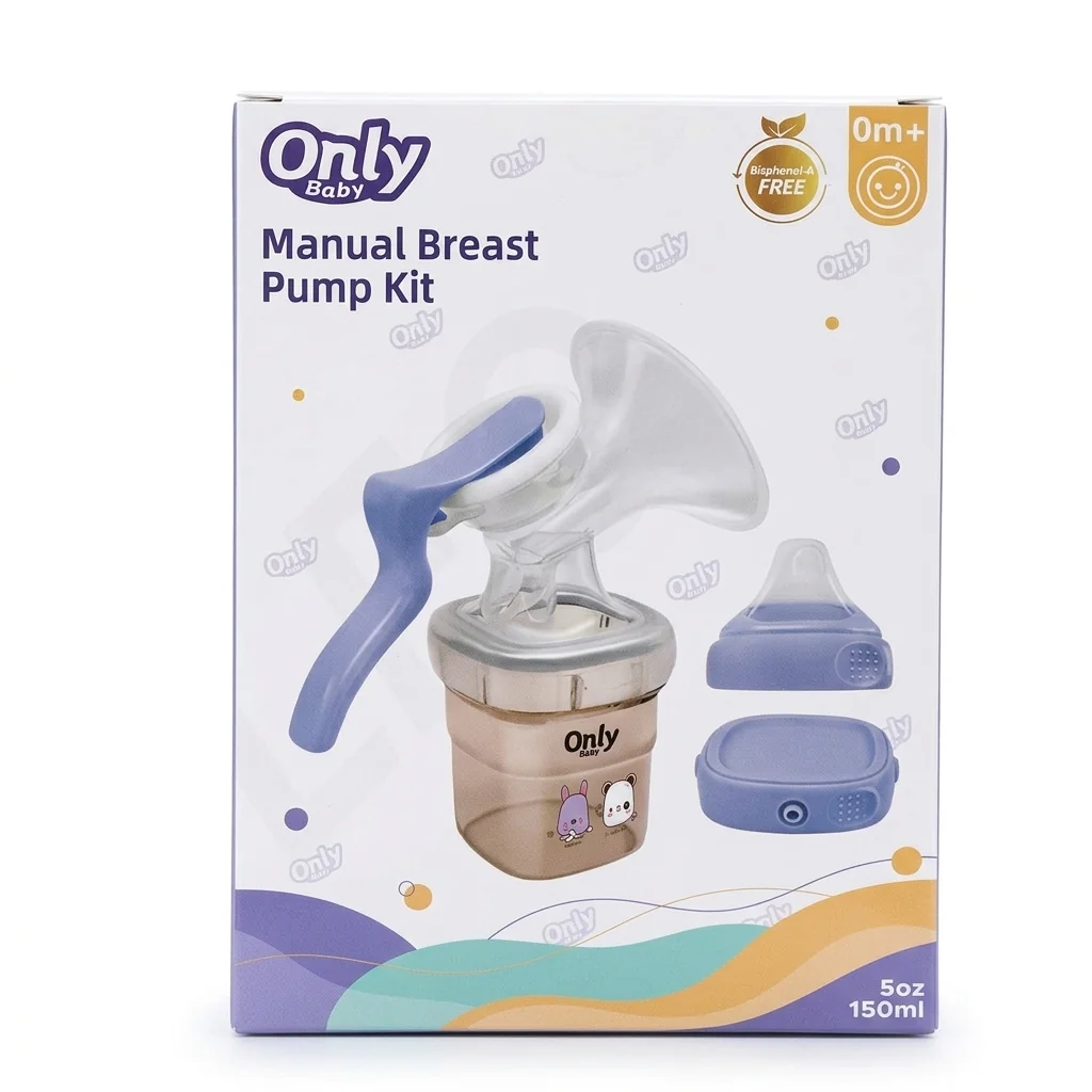 Only Baby Manual Breast Pump Kit packaging with ergonomic handle and silicone flange for milk expression.