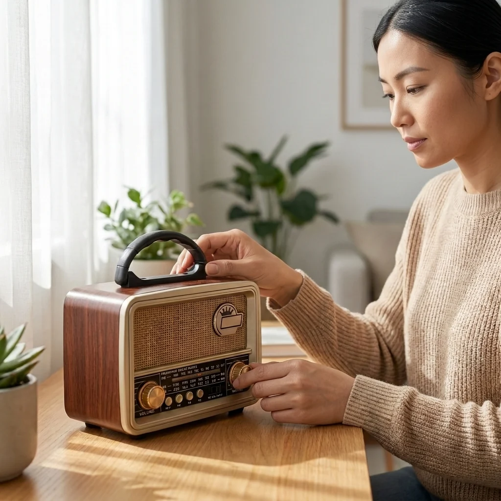 Woman tuning the Vintage Wooden Portable Multi-Band Radio on a wooden table near a window with plants.