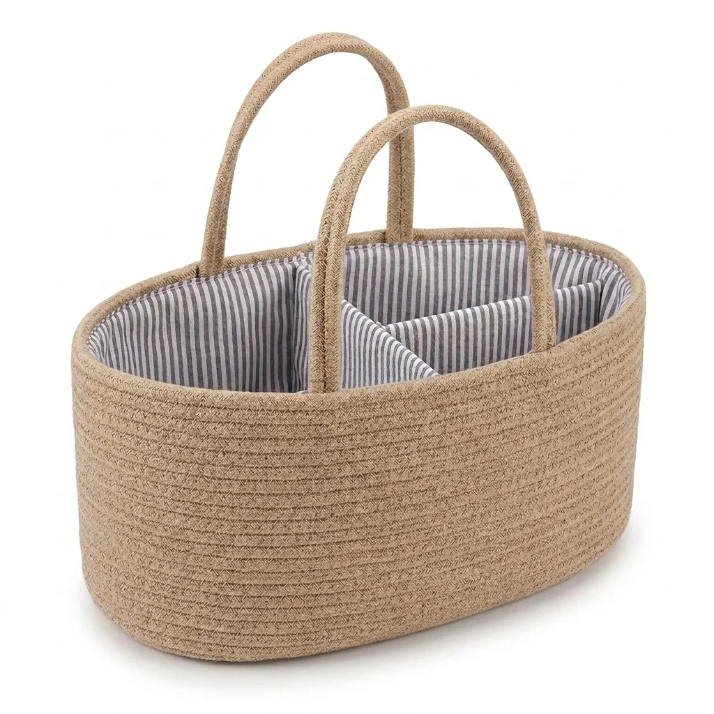 Woven Cotton Rope Diaper Caddy with interior dividers and striped fabric lining for organized baby essentials.