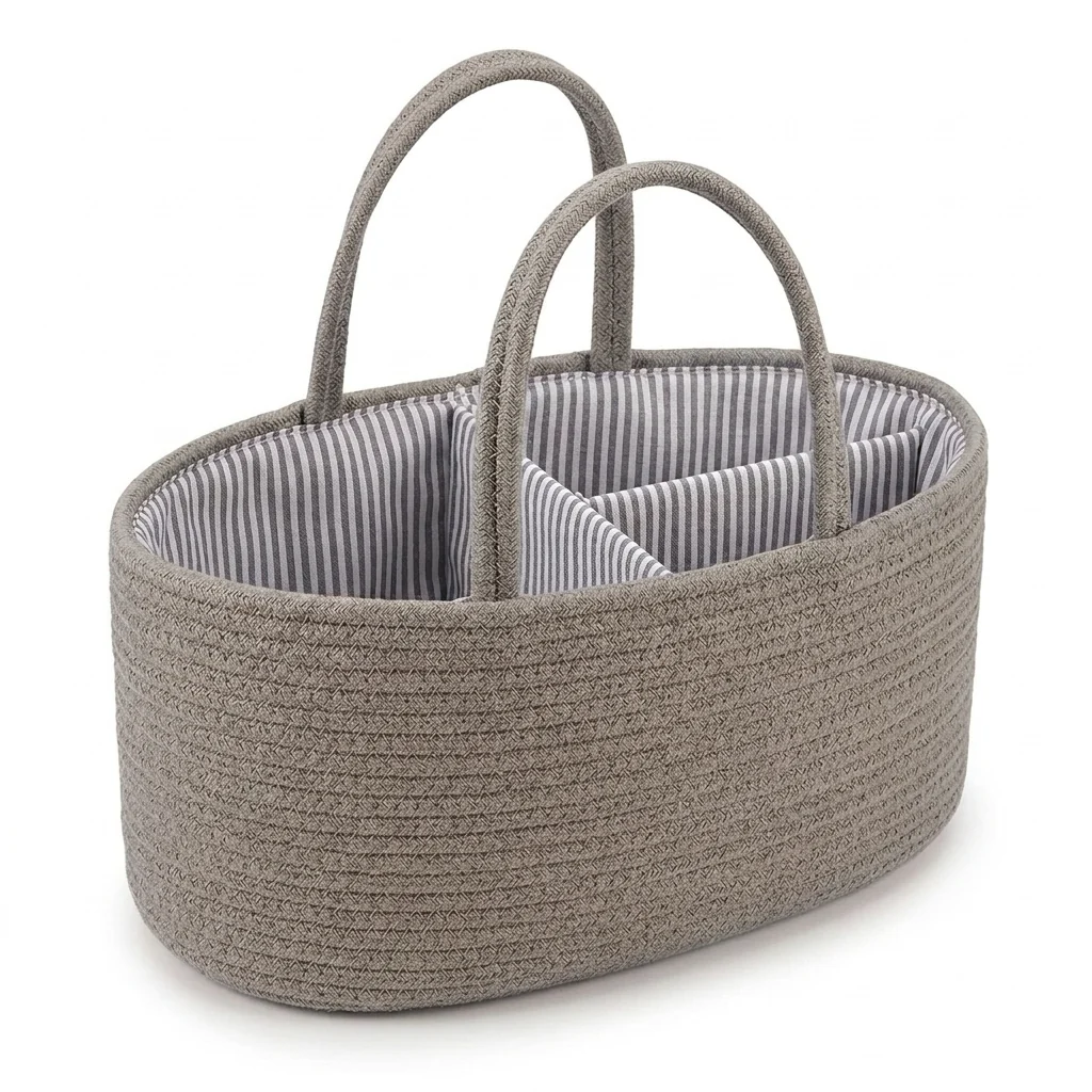 Woven Cotton Rope Diaper Caddy with handles and interior dividers for organized baby essentials.