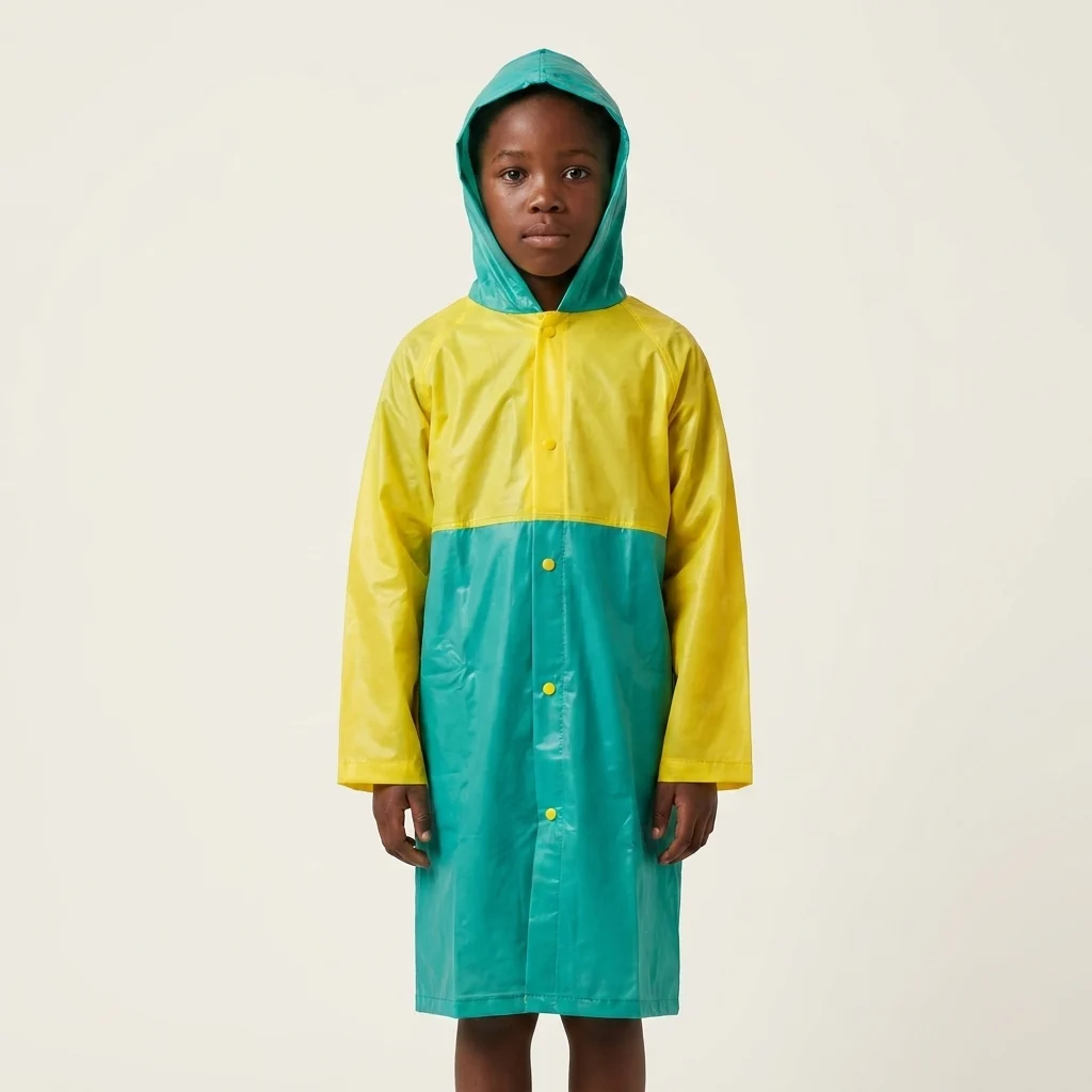 Childrens Hooded Raincoat worn by a child, featuring a hood, snap-button closure, and vibrant green and yellow colors.