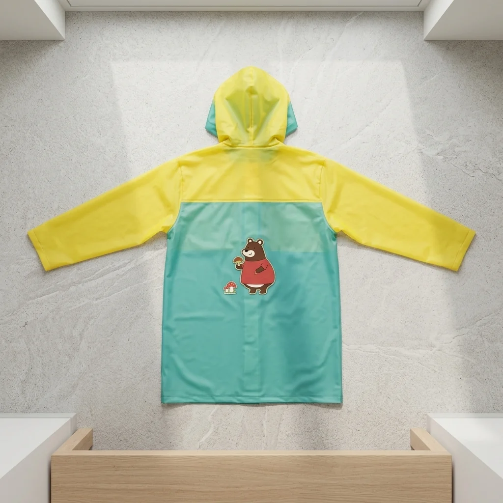 Childrens Hooded Raincoat featuring a colorful design with a bear character and a hood for rainy weather protection.