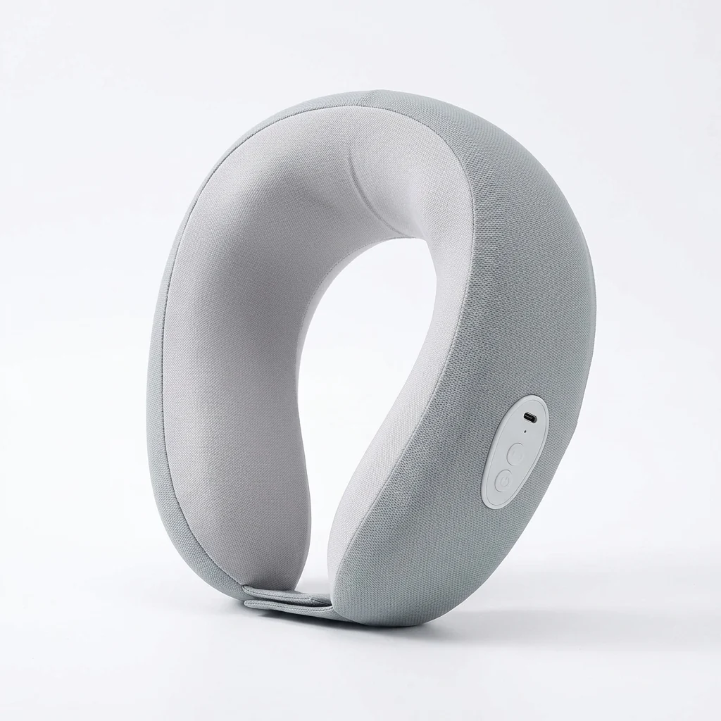 Wearable Neck Massager in soft grey fabric design with integrated controls for easy operation, ideal for relaxation.