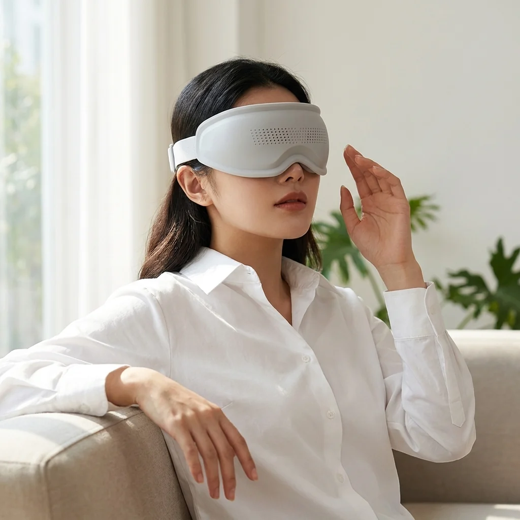 Woman wearing an Adjustable Eye Sleeping Mask, enhancing comfort for sleep, relaxation, and travel.
