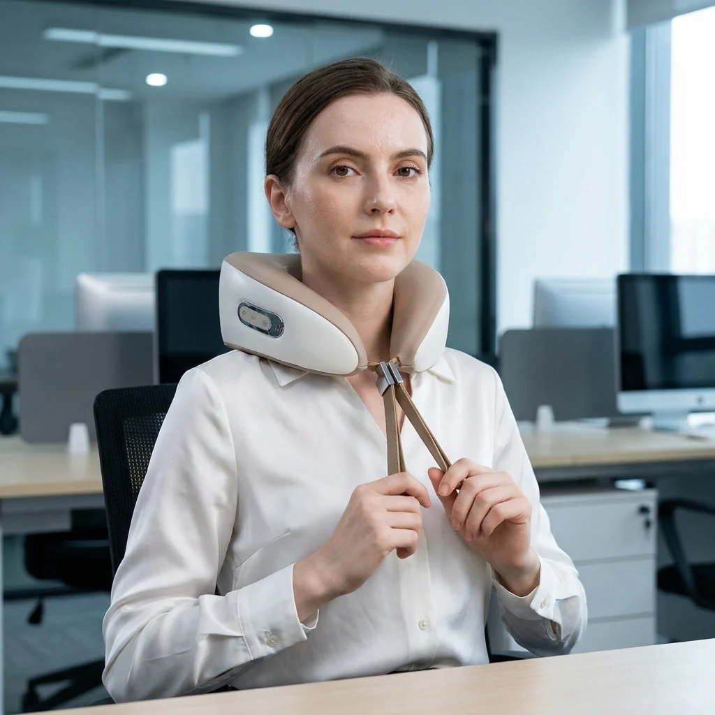 Woman wearing a Contoured Neck Support Pillow at an office desk for comfort and support.