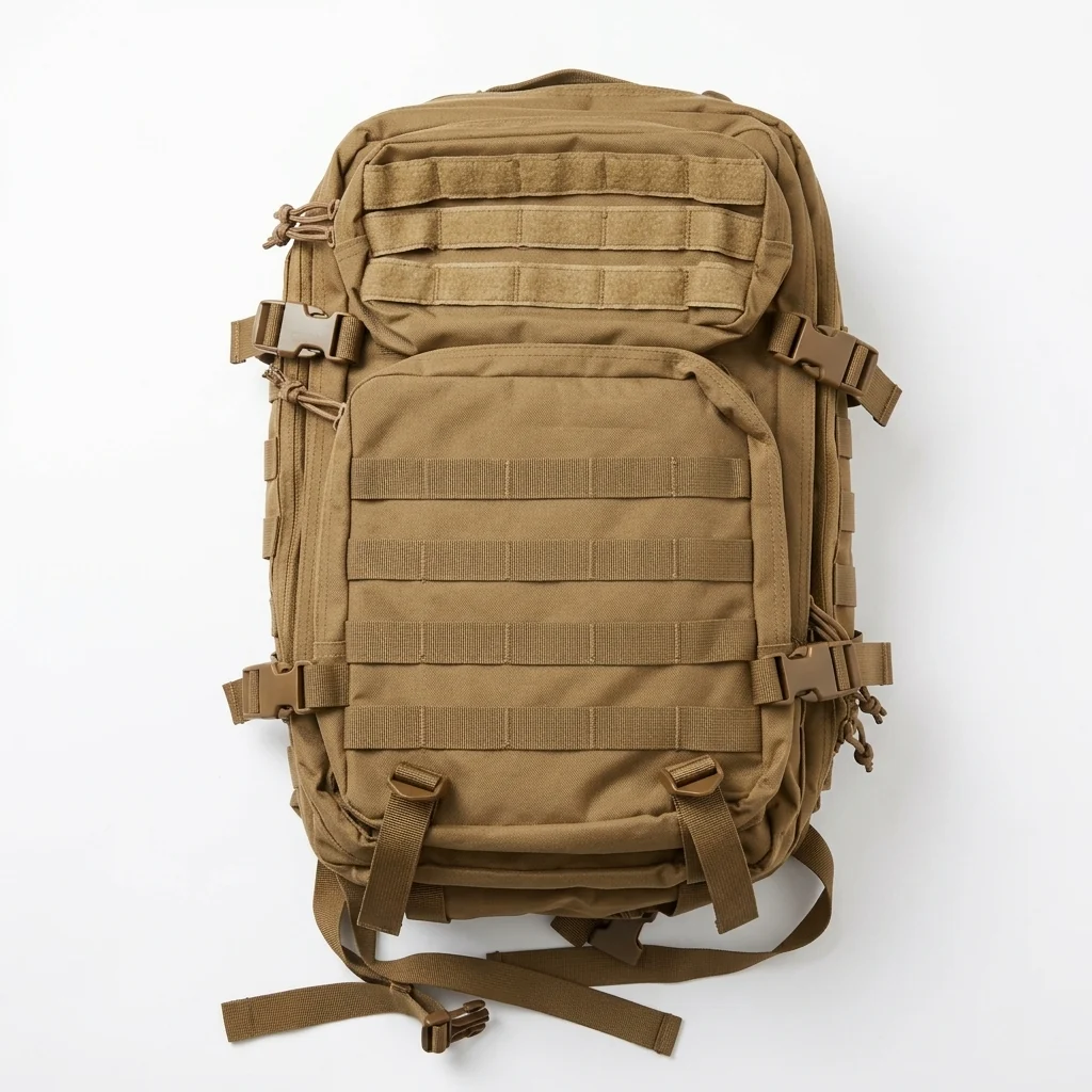 Tactical Coyote Brown Rucksack shown from above with multi-compartment design and adjustable straps.