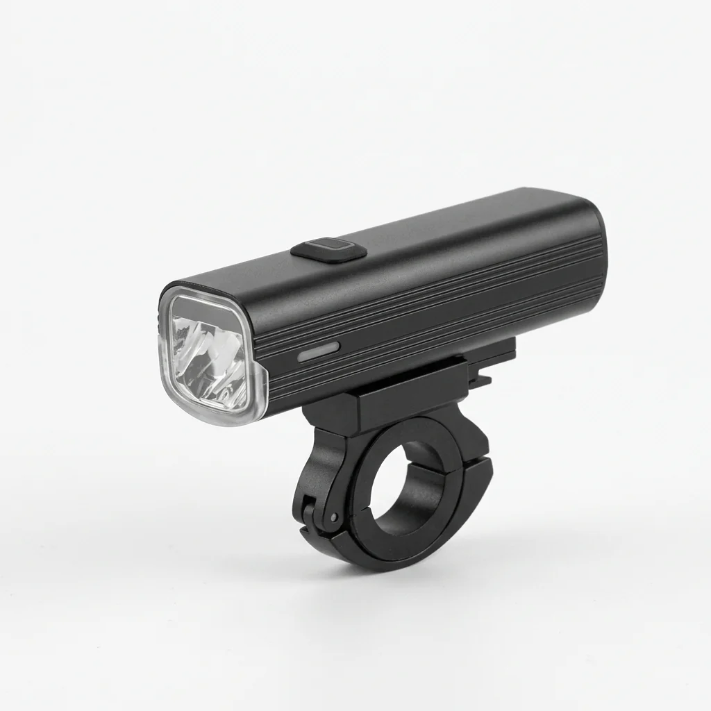 Rechargeable LED Bicycle Headlight mounted on a bike handlebar, designed for effective night visibility.