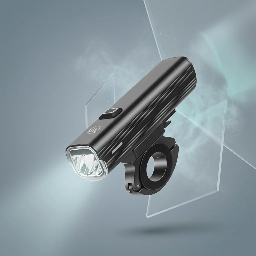 Rechargeable LED Bicycle Headlight with aluminum alloy casing and handlebar mount for night rides.
