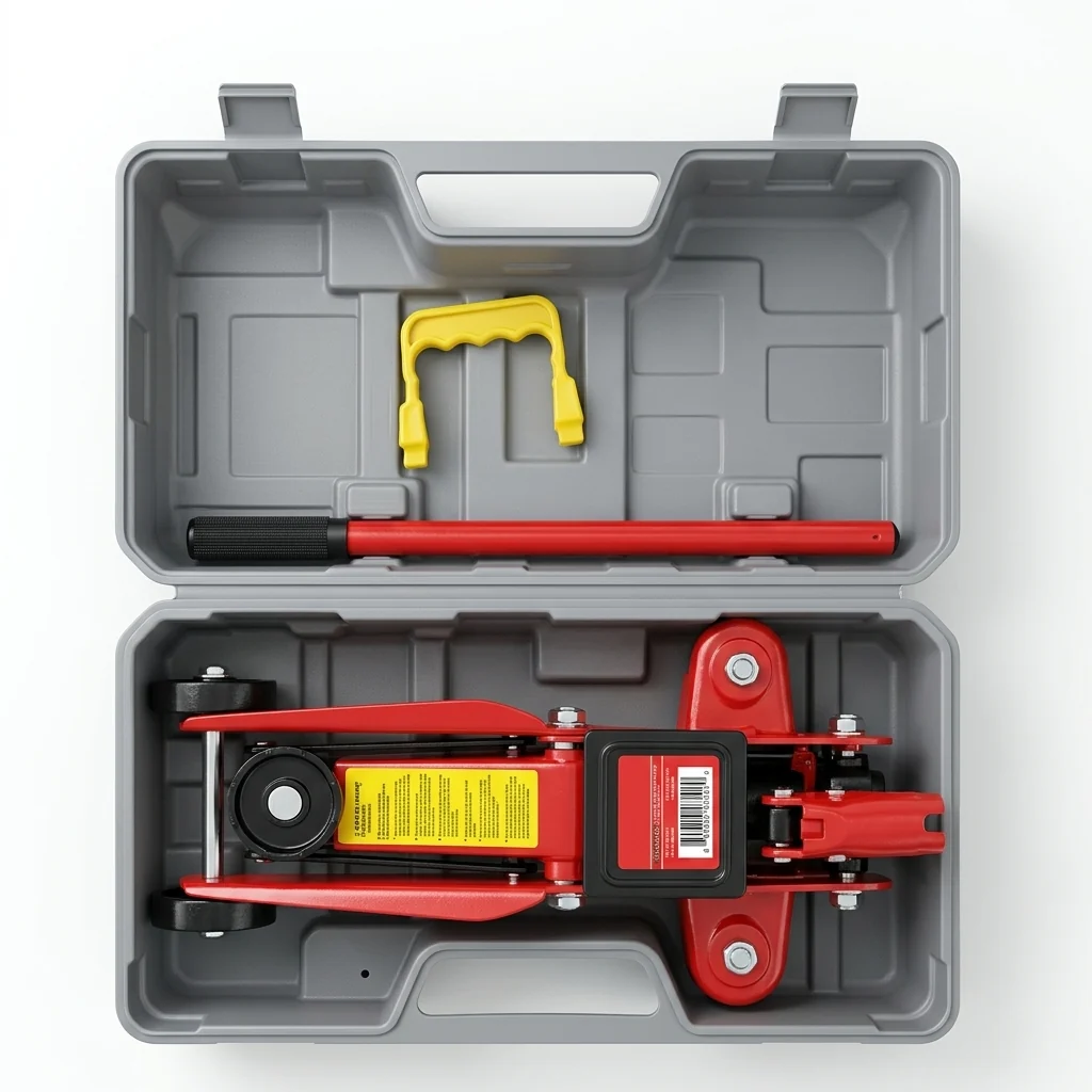2-Ton Manual Hydraulic Car Jack inside a compact storage case with handle and accessories.