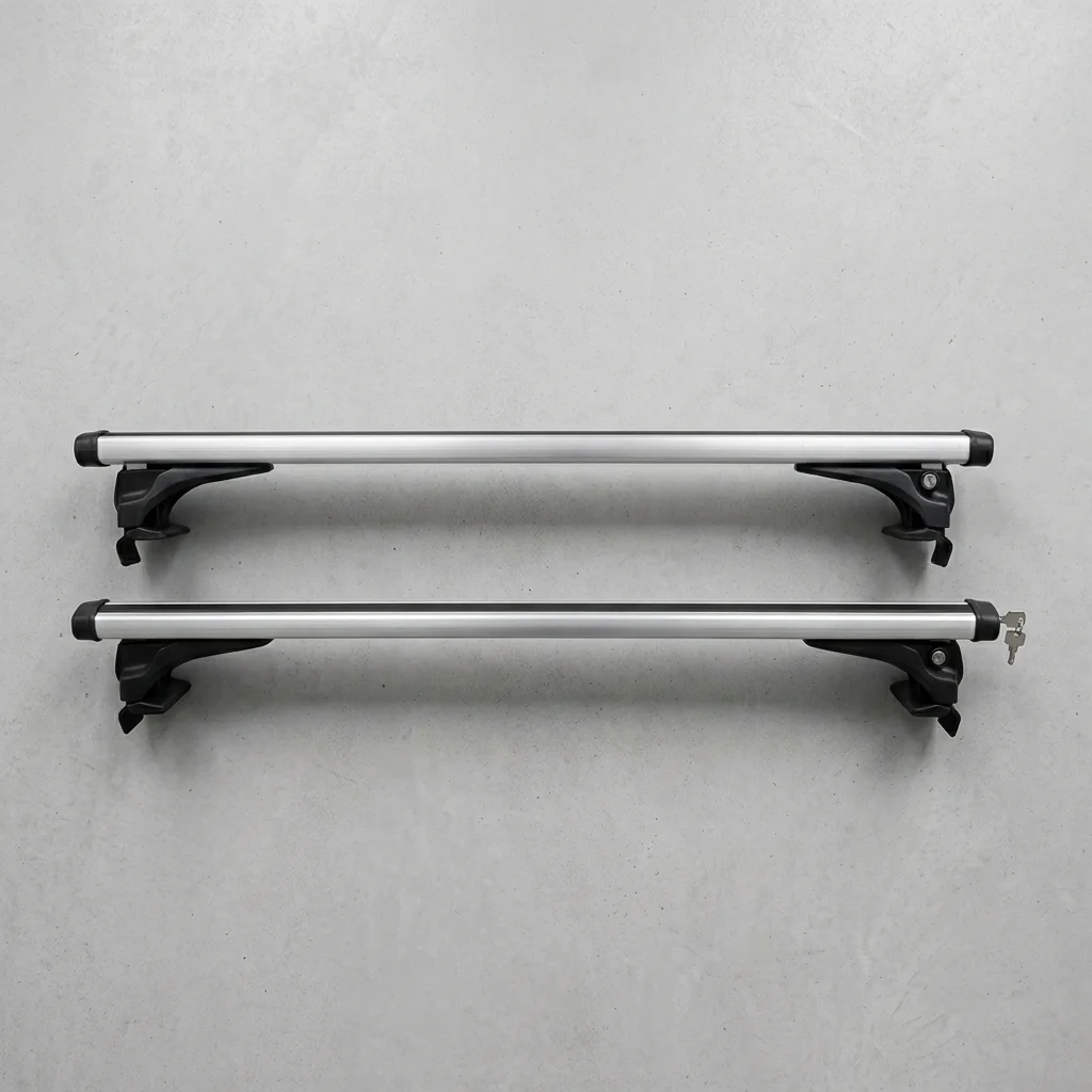 120cm Lockable Car Roof Crossbars displayed on a concrete surface, showcasing lockable features and sturdy design.