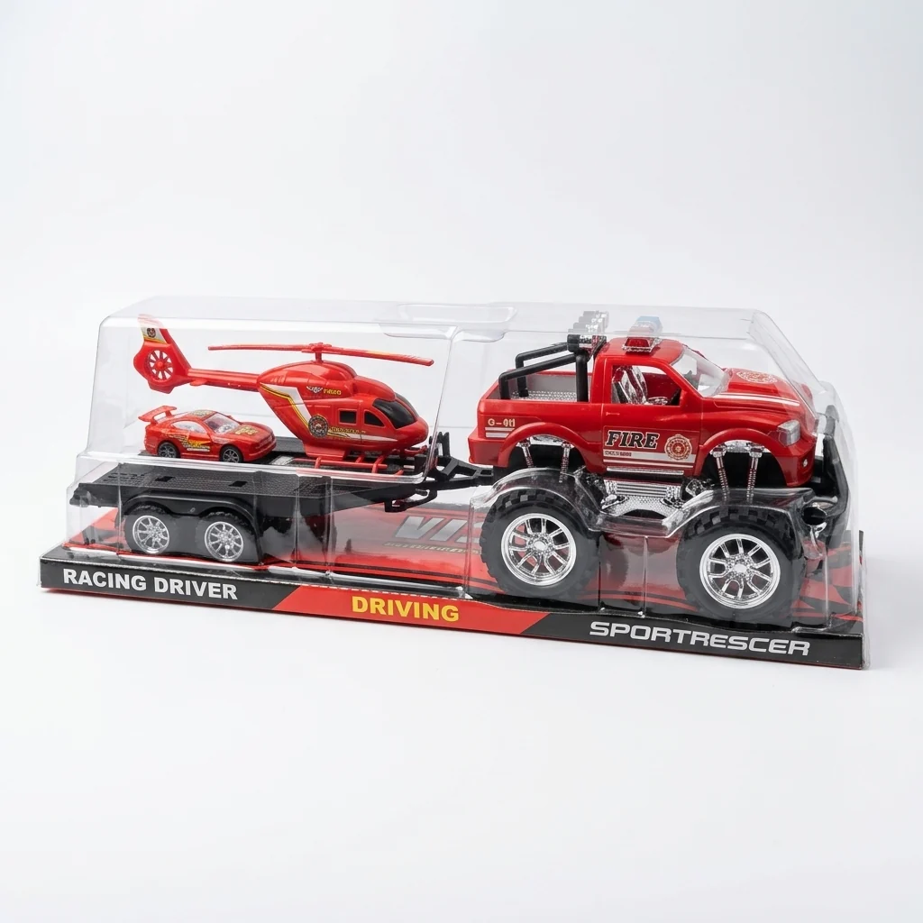 Rescue Truck Toy Set including a big-wheeled fire truck, helicopter, and mini sports car in packaging.
