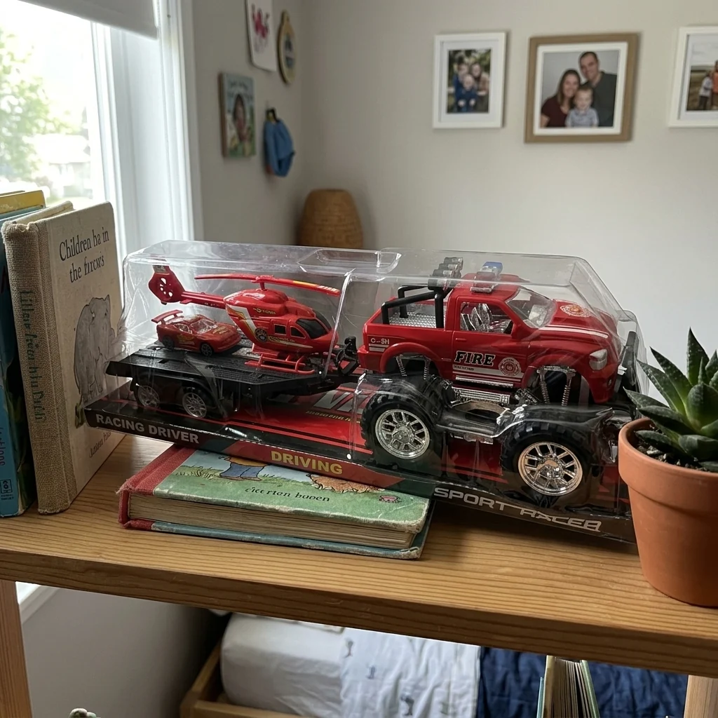 Rescue Truck Toy Set with fire monster truck, helicopter, and mini sports car in packaging on display.