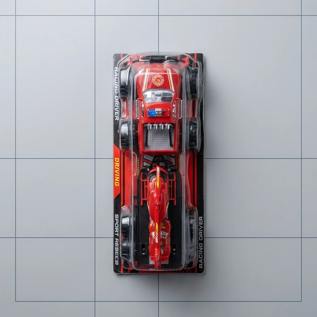 Rescue Truck Toy Set packaging featuring a red racing driver truck and a sport rescue vehicle.