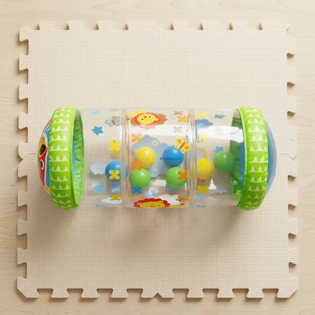 Inflatable Baby Crawling Roller Toy with Rattle Balls on a play mat with colorful rattle balls inside.