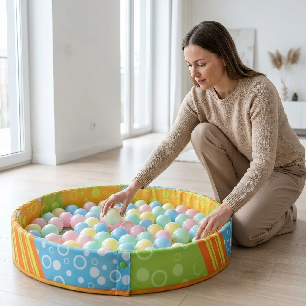 A mother playing with colorful balls in a 3-in-1 Baby Activity Play Gym & Ball Pit, creating a fun environment for her baby.
