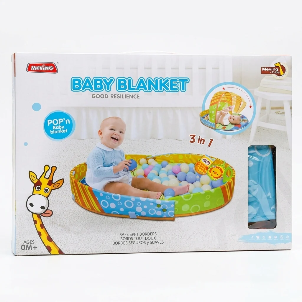 3-in-1 Baby Activity Play Gym & Ball Pit packaging featuring a baby and colorful balls.