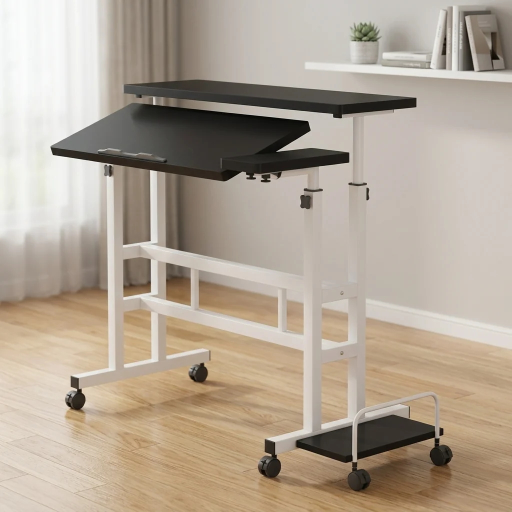 Mobile Height-Adjustable Standing Drafting Desk with tilting top and wheels for easy mobility.
