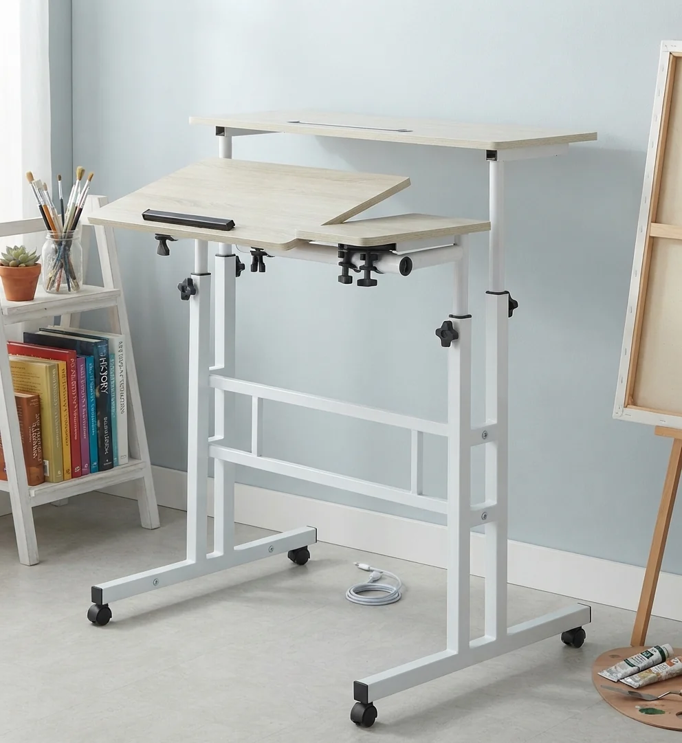 Mobile Height-Adjustable Standing Drafting Desk with tilting top and adjustable height for versatile work.