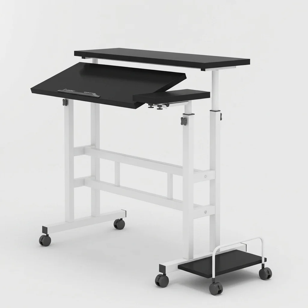 Mobile Height-Adjustable Standing Drafting Desk with tilting top for ergonomic drawing and laptop work.