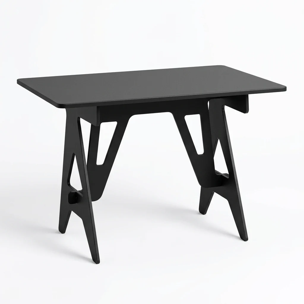 Modern Minimalist Black Home Office Desk featuring architectural A-frame legs and a sleek matte black surface.