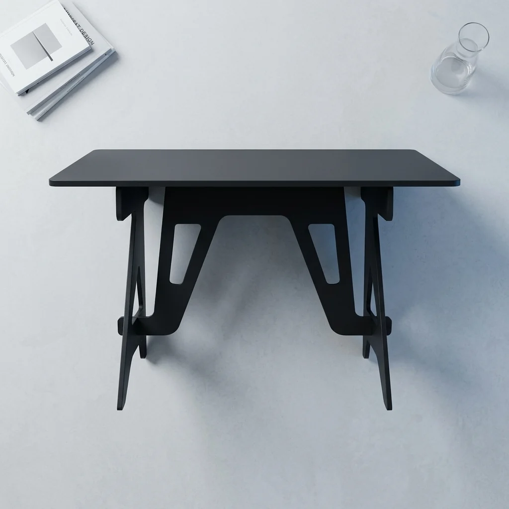Modern Minimalist Black Home Office Desk with A-frame trestle legs and matte black surface.