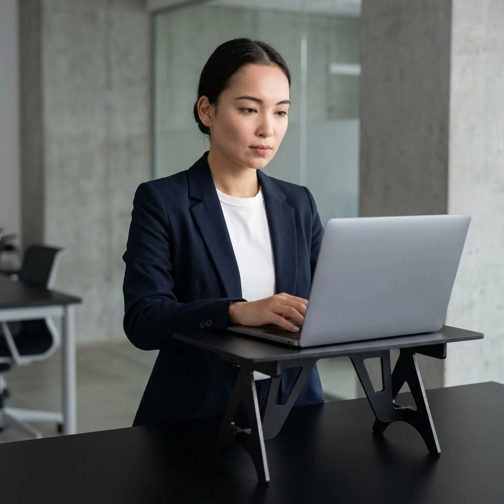Woman using a laptop on a Modern Minimalist Black Home Office Desk in a contemporary workspace.