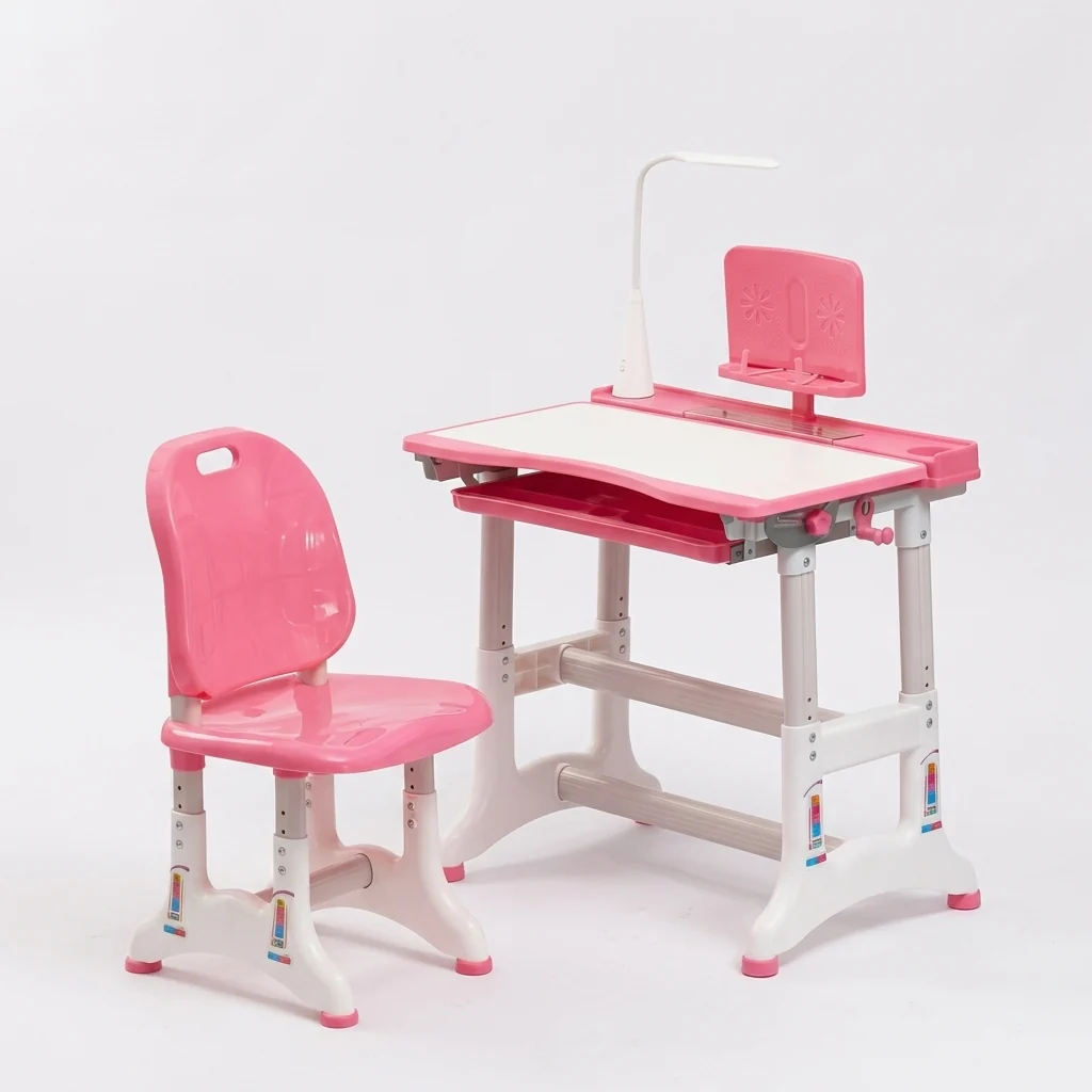 Kids Height-Adjustable Ergonomic Study Desk & Chair Set in pink, featuring height-adjustable design for comfort and support.