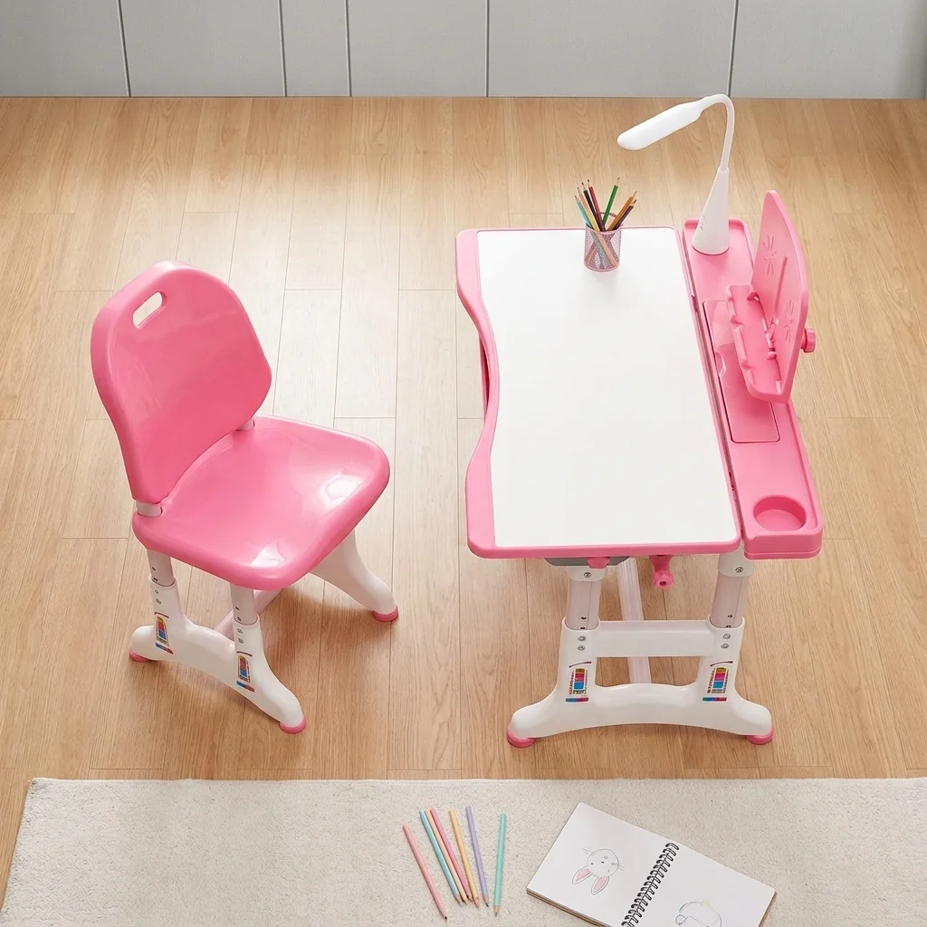 Kids Height-Adjustable Ergonomic Study Desk & Chair Set in pink, ideal for comfortable learning and growing with your child.