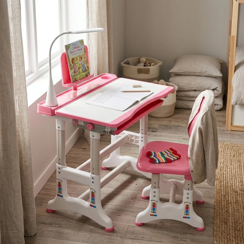 Kids Height-Adjustable Ergonomic Study Desk & Chair Set with a lamp and notepad in a cozy study space.