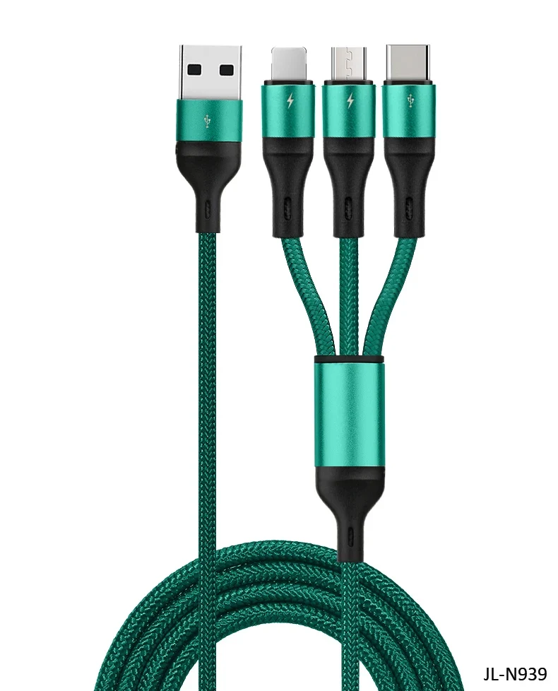 3-in-1 USB Charging Cable with Micro USB, Type-C, and USB connectors for fast charging.