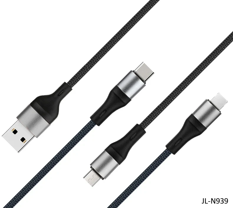 3-in-1 USB Charging Cable showing Micro USB, Type-C, and USB connectors for fast and convenient charging.