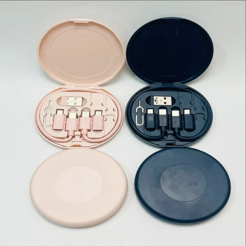 6-in-1 Travel USB Charging Cable Kit displayed in stylish round cases, featuring various charging connectors for versatile use.