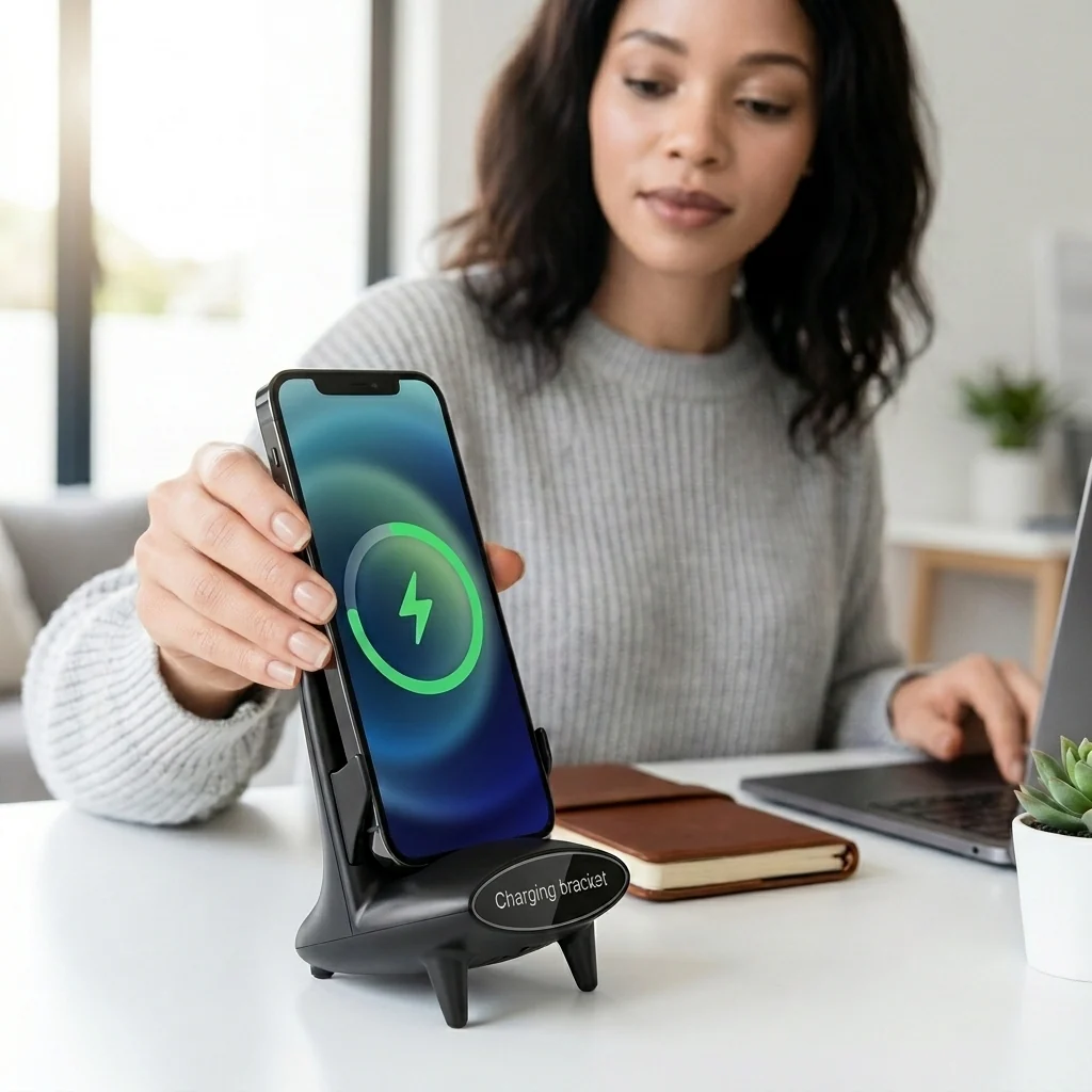 Desktop Magnetic Wireless Charging Bracket in use, featuring a smartphone being charged wirelessly on a desk.