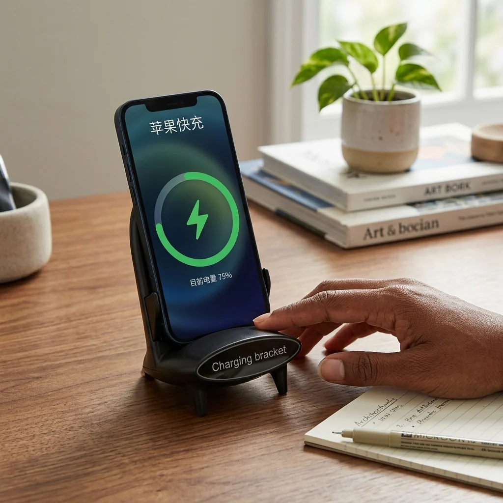 Desktop Magnetic Wireless Charging Bracket displaying a phone charging with 75% battery on a desk.