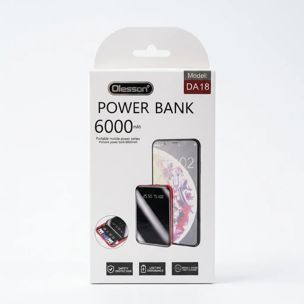 Ultra Thin Mini Portable Charger Power Bank 6000mAh: Olesson Power Bank 6000mAh packaging, featuring model DA18 and information about portable mobile power.