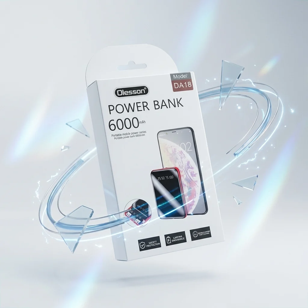 Ultra Thin Mini Portable Charger Power Bank 6000mAh packaging with glowing design and smartphone illustration.