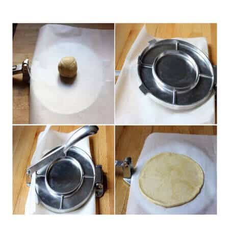 Silver Aluminium Tortilla Press in action, showcasing dough ball preparation and pressed tortilla.
