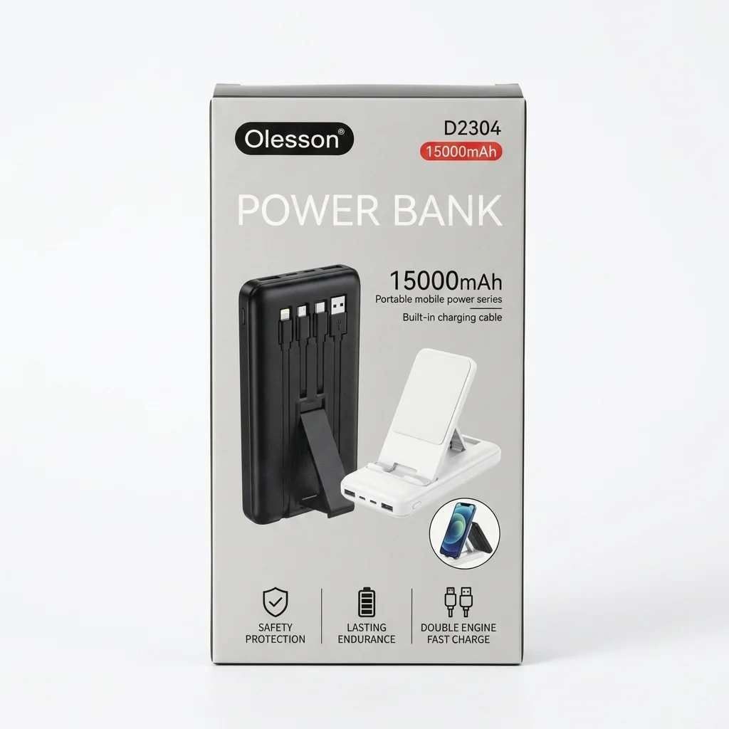 15000 mAh Power Bank with built-in charging cable, LED display, and portable design for everyday use.