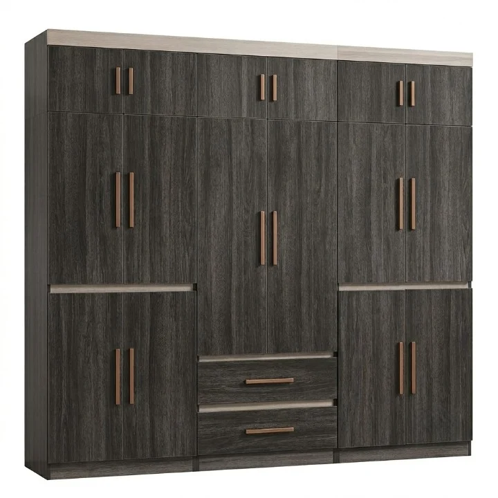 Suitable Bedroom Wardrobe Closet with multiple storage compartments and a sleek dark finish.
