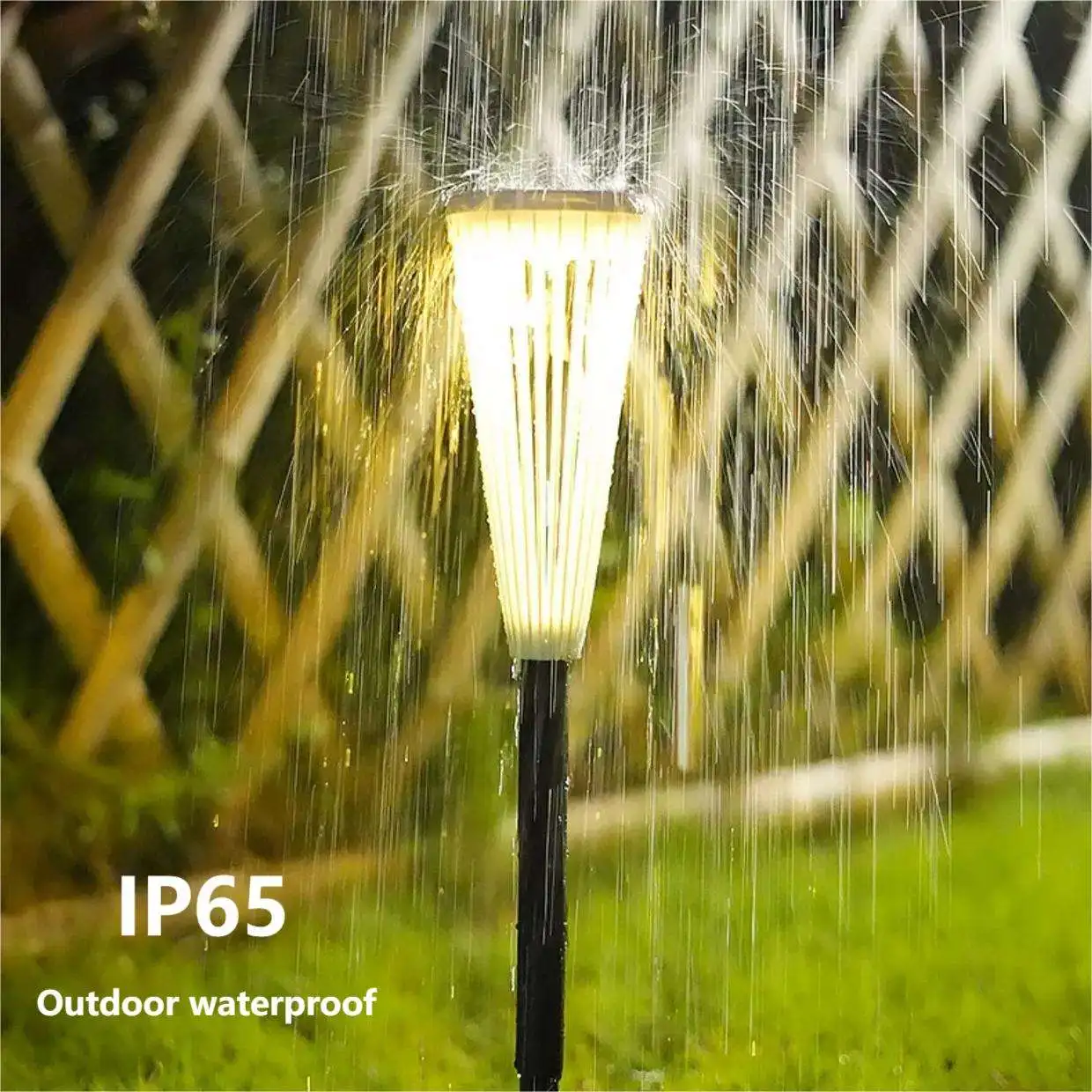 Waterproof LED Solar Street Light in rain showing IP65 outdoor waterproof design for reliable outdoor lighting.