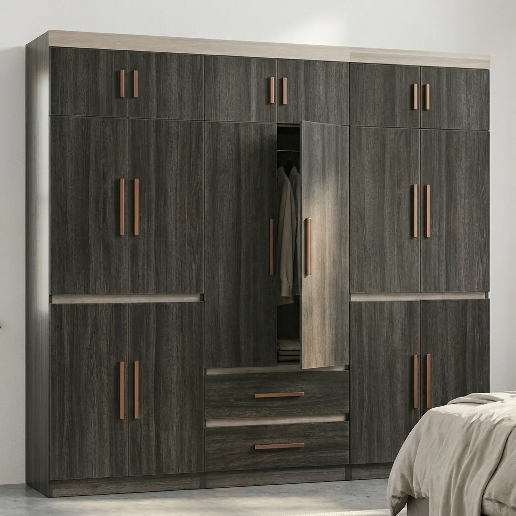 Suitable Bedroom Wardrobe Closet featuring dark wood finish and multiple storage compartments.
