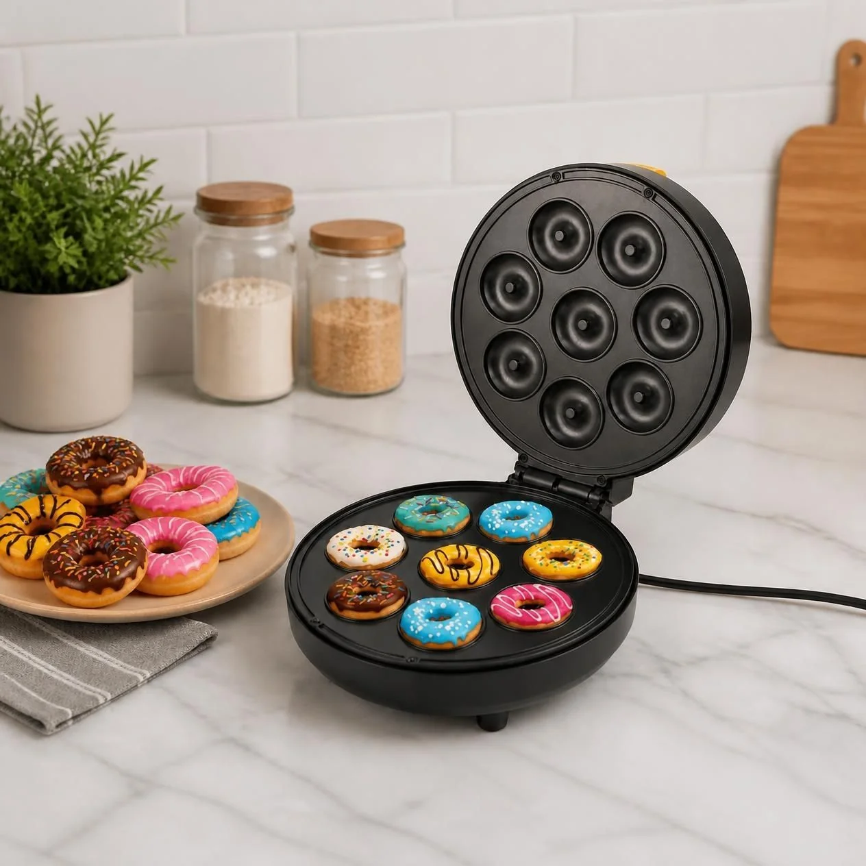 Mini Donut Maker 8-Cavity Donut Baking Machine with colorful mini donuts on countertop.