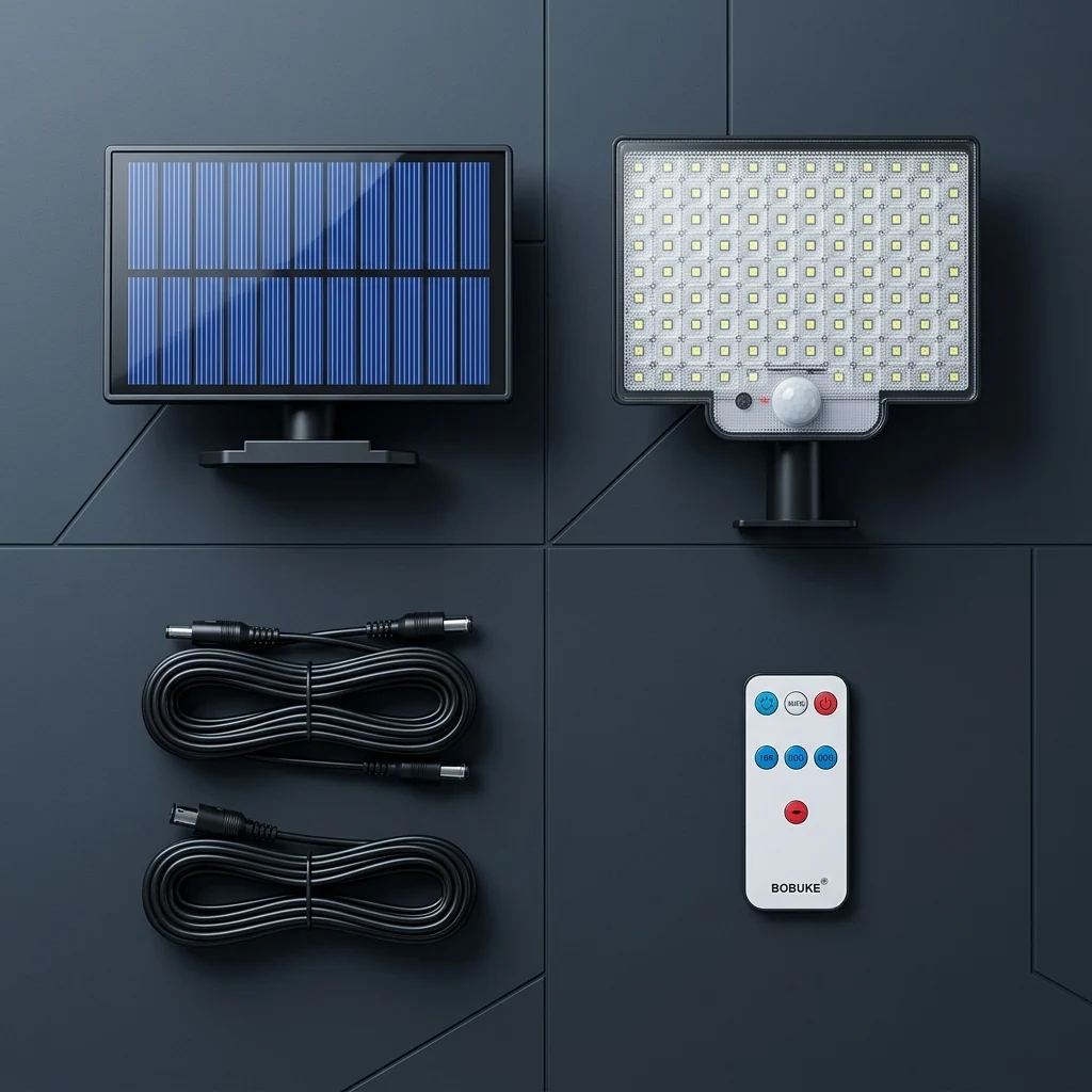 108-LED Split Solar Flood Light PIR Motion Remote with solar panel and remote control on dark background