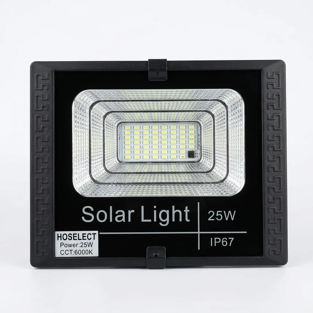 25W Solar Floodlight showcasing solar-powered outdoor lighting solution with IP67 protection.