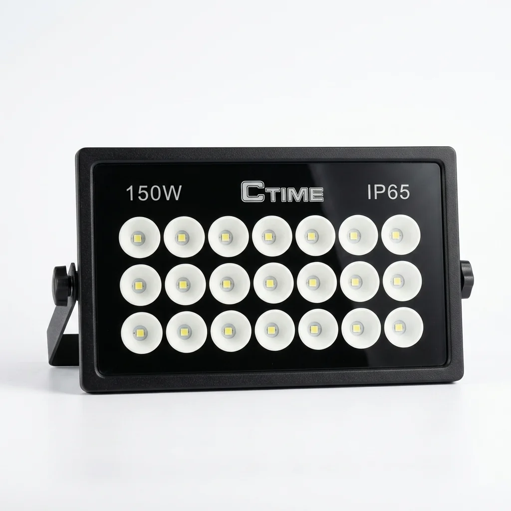 150W Outdoor Solar LED Floodlight shown from the front with multiple LED lights and a sturdy design.