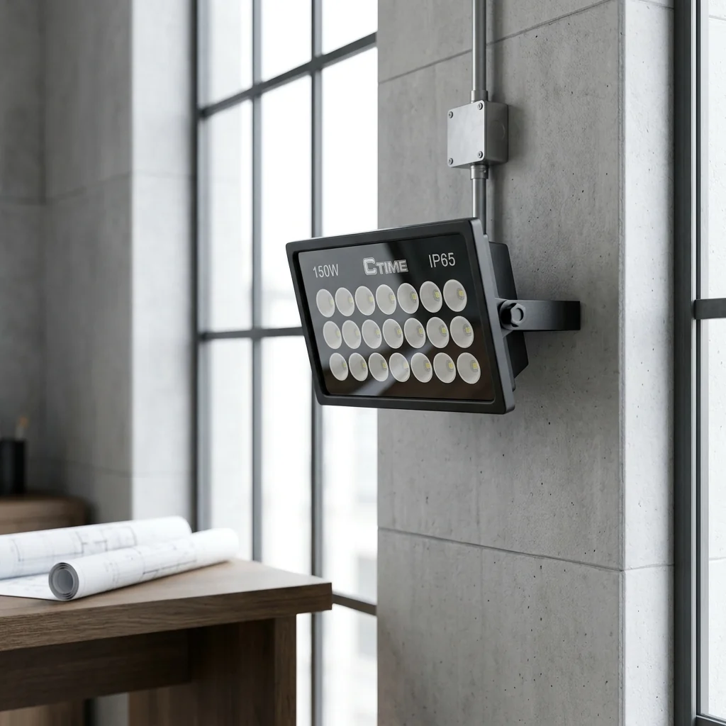 150W Outdoor Solar LED Floodlight mounted on a wall, providing bright illumination in an indoor setting.