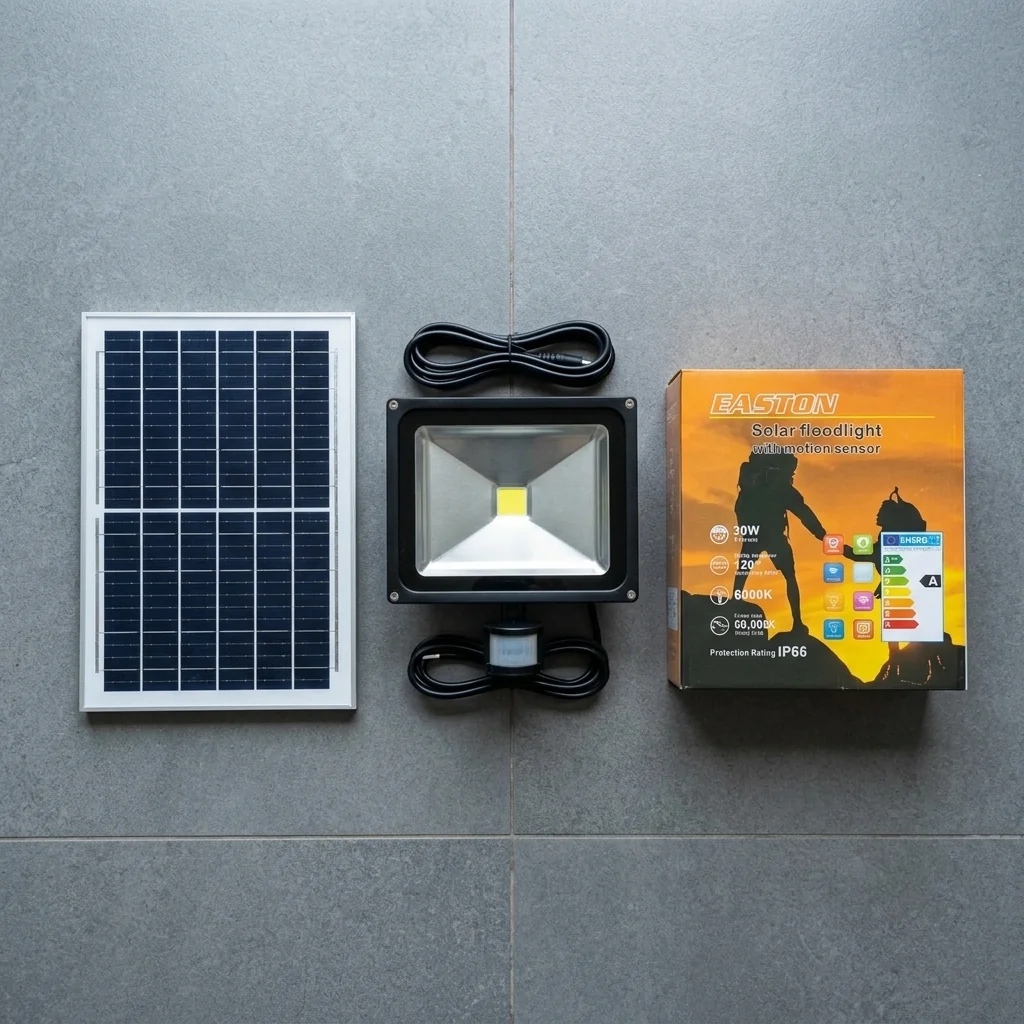 30W Solar Floodlight with Motion Sensor, solar panel, and packaging displayed on a gray surface.