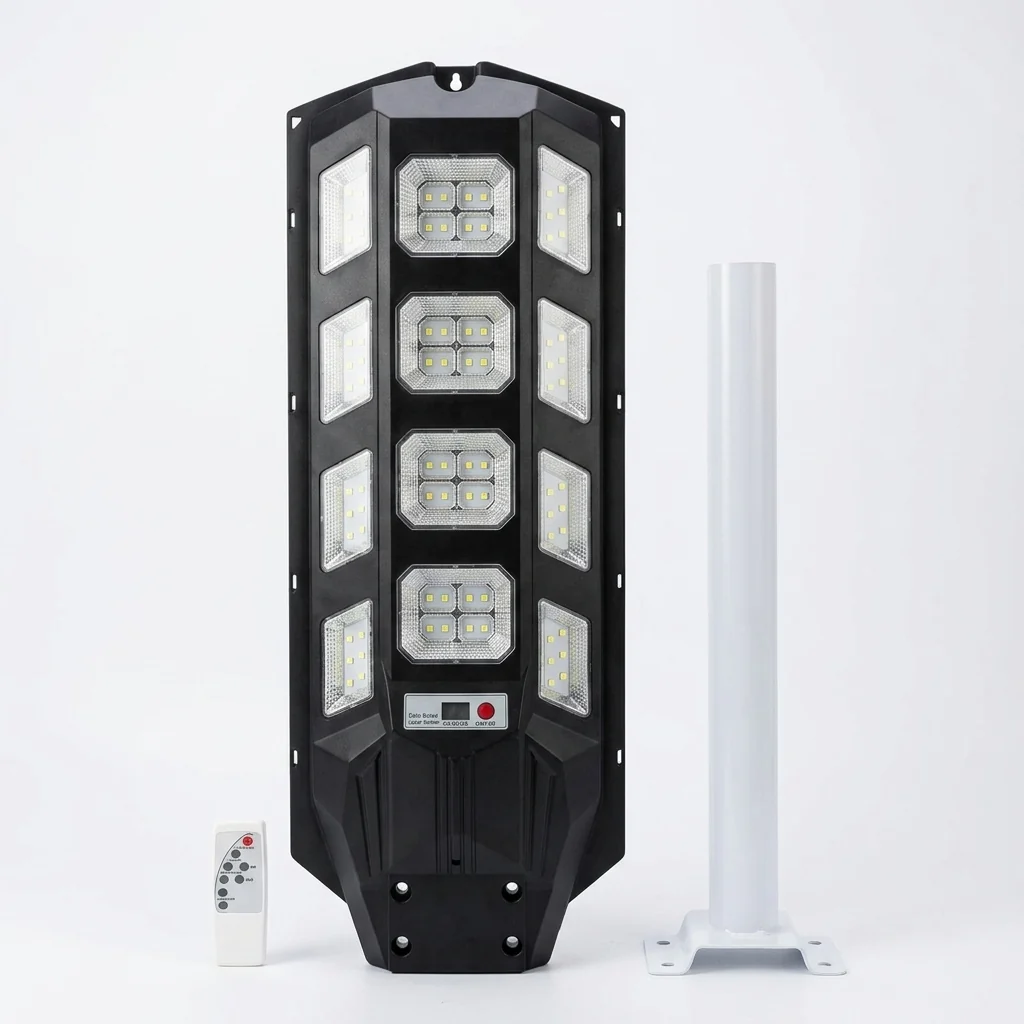 400W Solar Street Light with Motion Sensor and Remote with remote control and mounting pole.