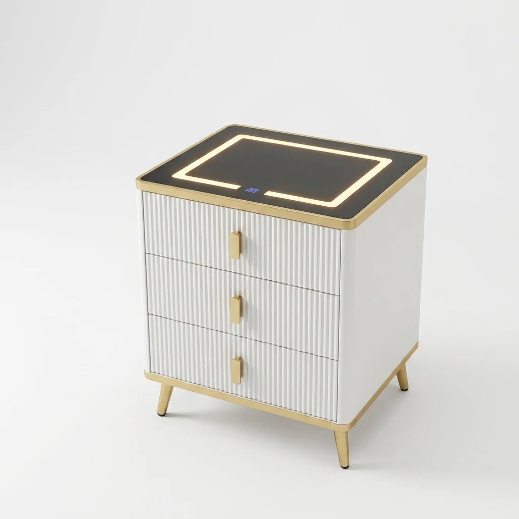 Smart Wireless Charging Bedside Table with Speakers featuring sleek design and illuminated charging surface.