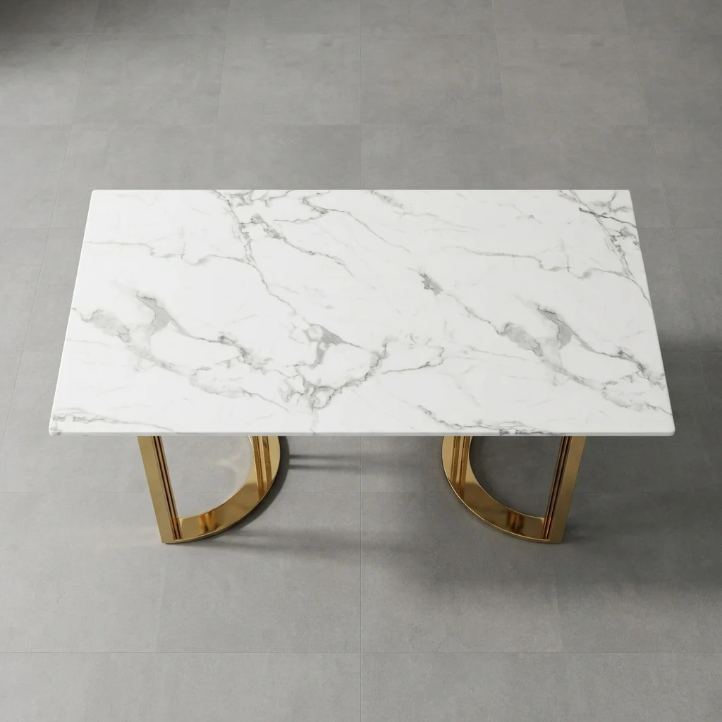 Modern White Marble-Look Dining Table with Gold Legs on a sleek surface.